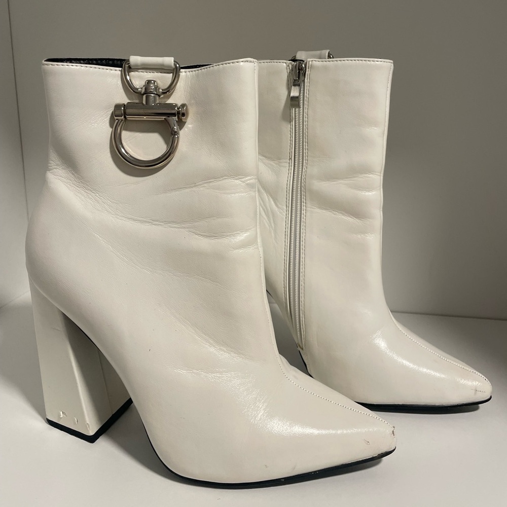 White Ankle Boots with Silver Buckle